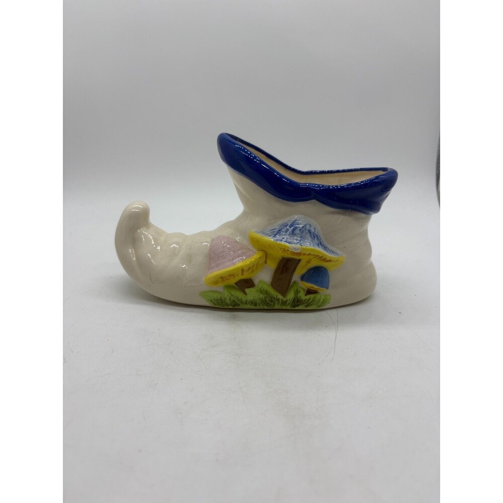 Vintage 1970s Ceramic Pixey Elf Shoe Planter Mushrooms